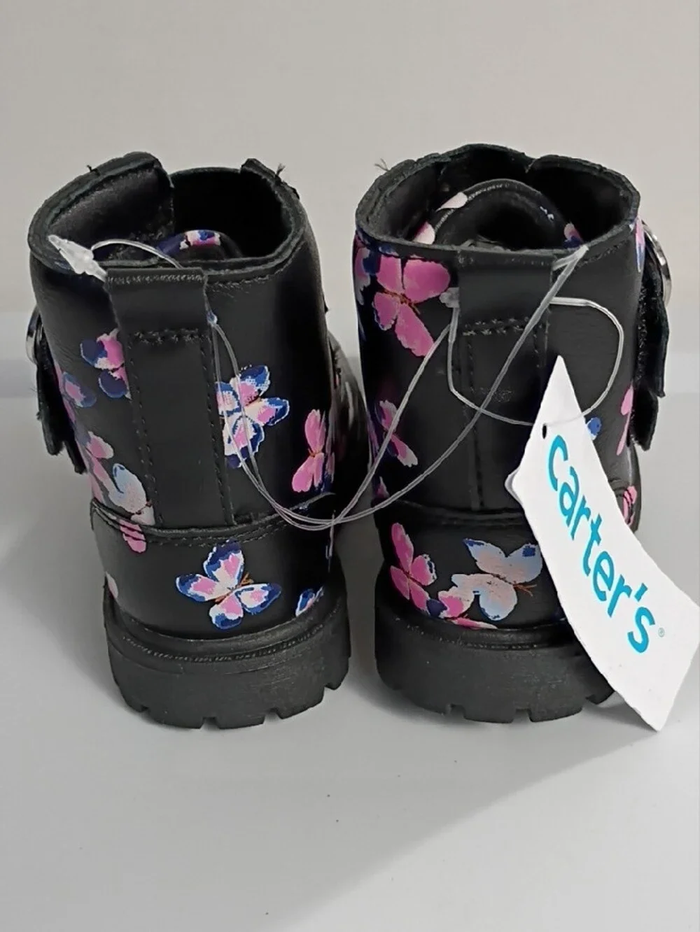 CARTER'S Black Ankle Boots with Heart-Buckles and Pink & Blue Butterflies SIZE 7